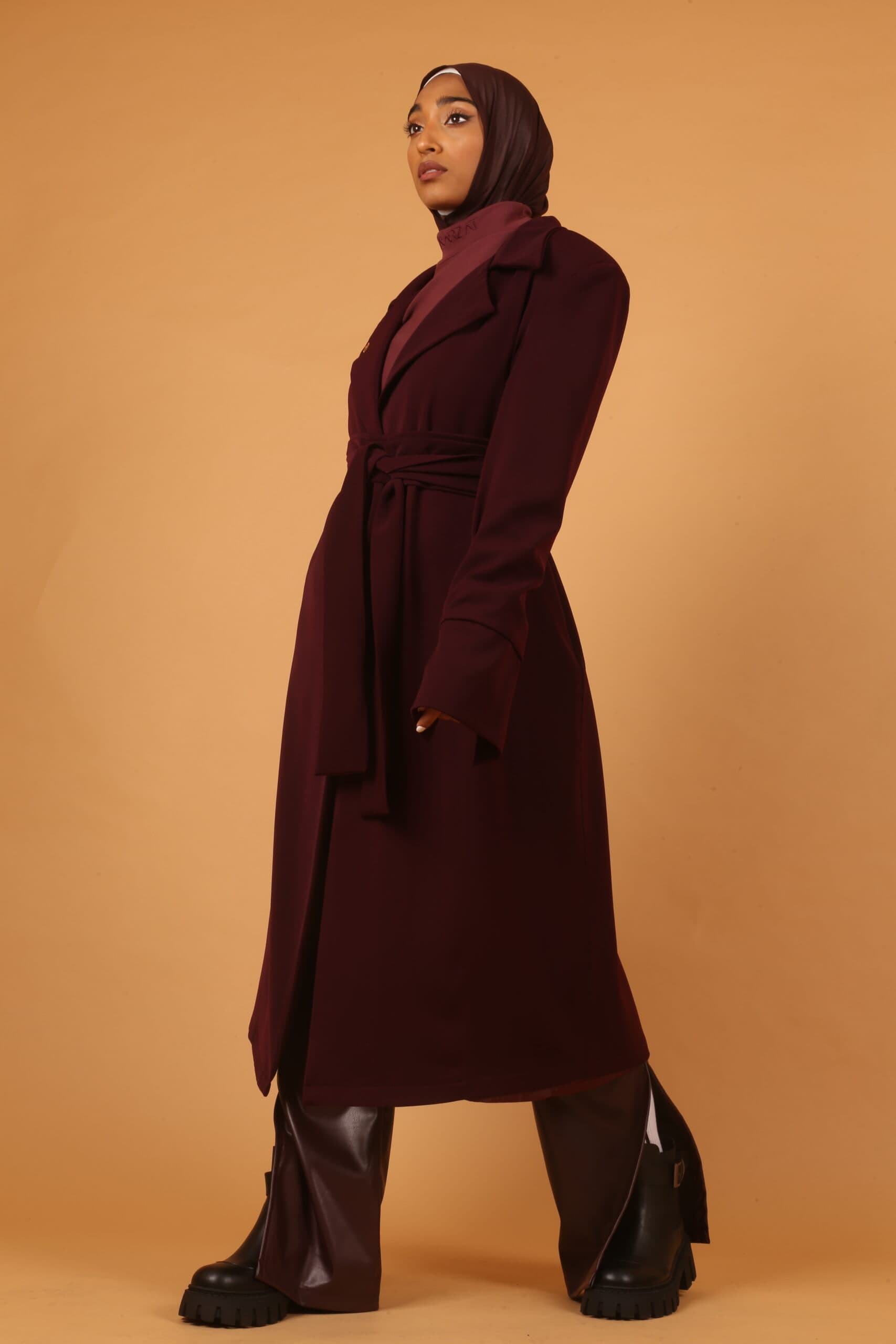 Long Belted Blazer-Burgundy
