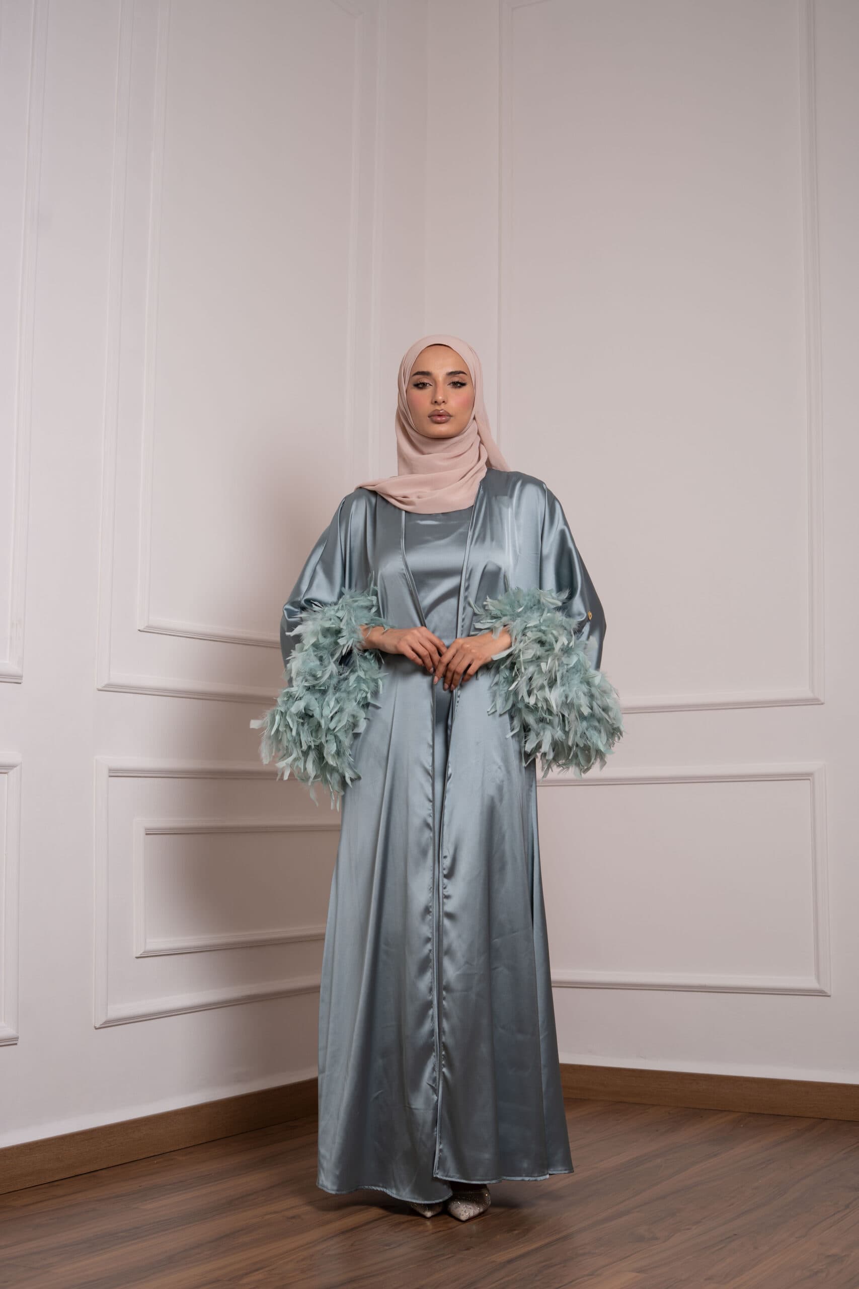 Luxe Feather Satin Abaya Set