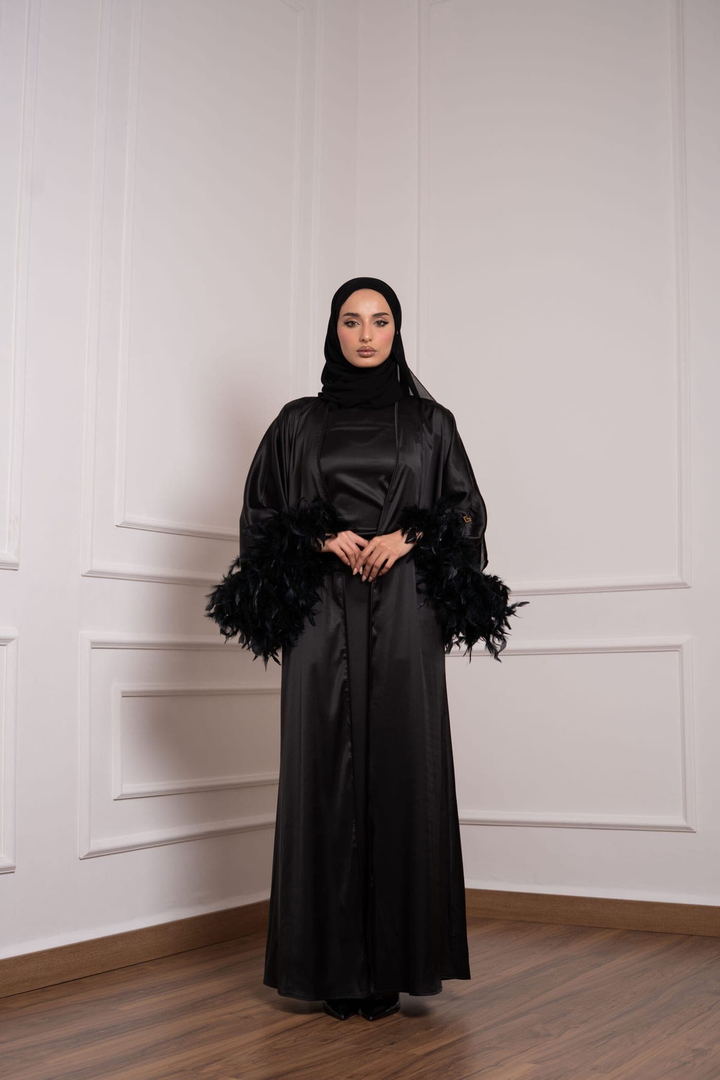 Luxe Feather Satin Abaya Set